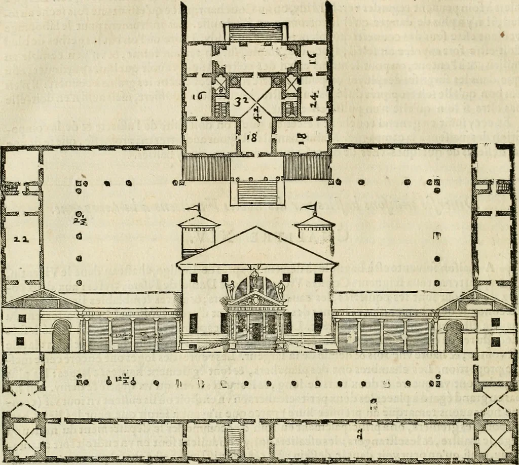 An illustration from Les quatre liures de l'architecture d'André Palladio : mis en françois : dans lesquels, après vn petit traitté des cinq ordres, auec quelques-vnes des plus necessaires obseruations pour bien bastir, il parle de la construction des maisons particulieres, des grands chemins, des ponts, des places publiques, des xystes, des basiliques, & des temples, 1650, leaf 123