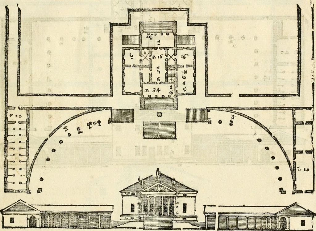 An illustration from Les quatre liures de l'architecture d'André Palladio : mis en françois : dans lesquels, après vn petit traitté des cinq ordres, auec quelques-vnes des plus necessaires obseruations pour bien bastir, il parle de la construction des maisons particulieres, des grands chemins, des ponts, des places publiques, des xystes, des basiliques, & des temples, 1650, leaf 124