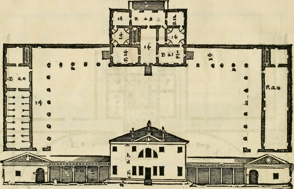 An illustration from Les quatre liures de l'architecture d'André Palladio : mis en françois : dans lesquels, après vn petit traitté des cinq ordres, auec quelques-vnes des plus necessaires obseruations pour bien bastir, il parle de la construction des maisons particulieres, des grands chemins, des ponts, des places publiques, des xystes, des basiliques, & des temples, 1650, leaf 125