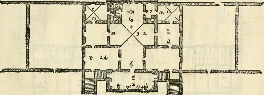 An illustration from Les quatre liures de l'architecture d'André Palladio : mis en françois : dans lesquels, après vn petit traitté des cinq ordres, auec quelques-vnes des plus necessaires obseruations pour bien bastir, il parle de la construction des maisons particulieres, des grands chemins, des ponts, des places publiques, des xystes, des basiliques, & des temples, 1650, leaf 126