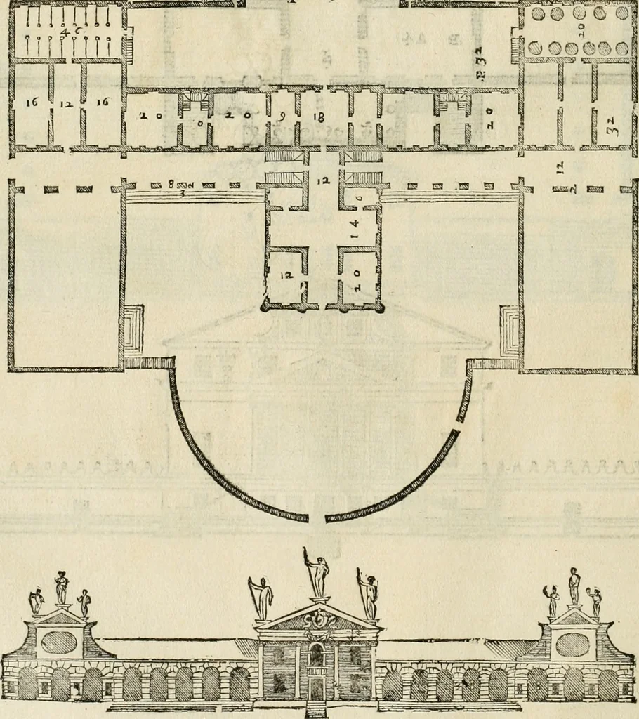 An illustration from Les quatre liures de l'architecture d'André Palladio : mis en françois : dans lesquels, après vn petit traitté des cinq ordres, auec quelques-vnes des plus necessaires obseruations pour bien bastir, il parle de la construction des maisons particulieres, des grands chemins, des ponts, des places publiques, des xystes, des basiliques, & des temples, 1650, leaf 127