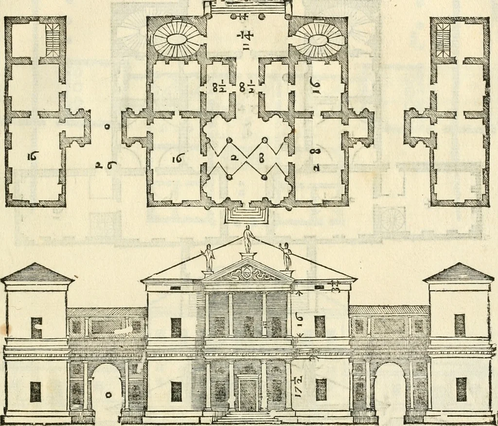 An illustration from Les quatre liures de l'architecture d'André Palladio : mis en françois : dans lesquels, après vn petit traitté des cinq ordres, auec quelques-vnes des plus necessaires obseruations pour bien bastir, il parle de la construction des maisons particulieres, des grands chemins, des ponts, des places publiques, des xystes, des basiliques, & des temples, 1650, leaf 128