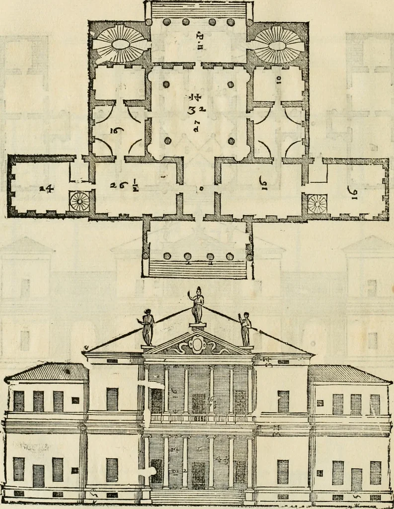 An illustration from Les quatre liures de l'architecture d'André Palladio : mis en françois : dans lesquels, après vn petit traitté des cinq ordres, auec quelques-vnes des plus necessaires obseruations pour bien bastir, il parle de la construction des maisons particulieres, des grands chemins, des ponts, des places publiques, des xystes, des basiliques, & des temples, 1650, leaf 129