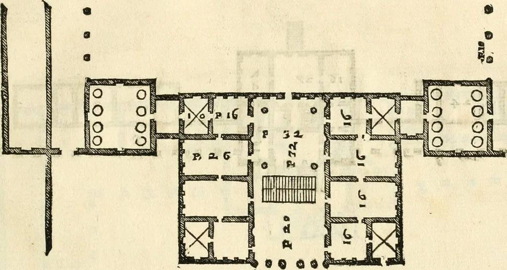 An illustration from Les quatre liures de l'architecture d'André Palladio : mis en françois : dans lesquels, après vn petit traitté des cinq ordres, auec quelques-vnes des plus necessaires obseruations pour bien bastir, il parle de la construction des maisons particulieres, des grands chemins, des ponts, des places publiques, des xystes, des basiliques, & des temples, 1650, leaf 130