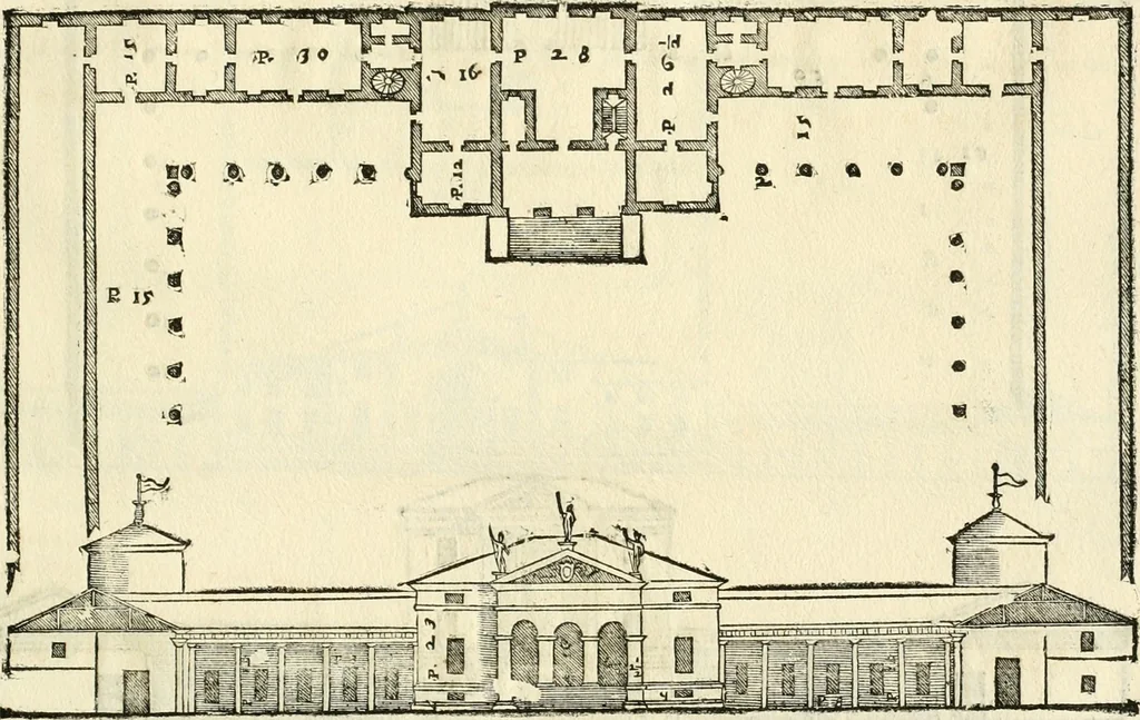 An illustration from Les quatre liures de l'architecture d'André Palladio : mis en françois : dans lesquels, après vn petit traitté des cinq ordres, auec quelques-vnes des plus necessaires obseruations pour bien bastir, il parle de la construction des maisons particulieres, des grands chemins, des ponts, des places publiques, des xystes, des basiliques, & des temples, 1650, leaf 132