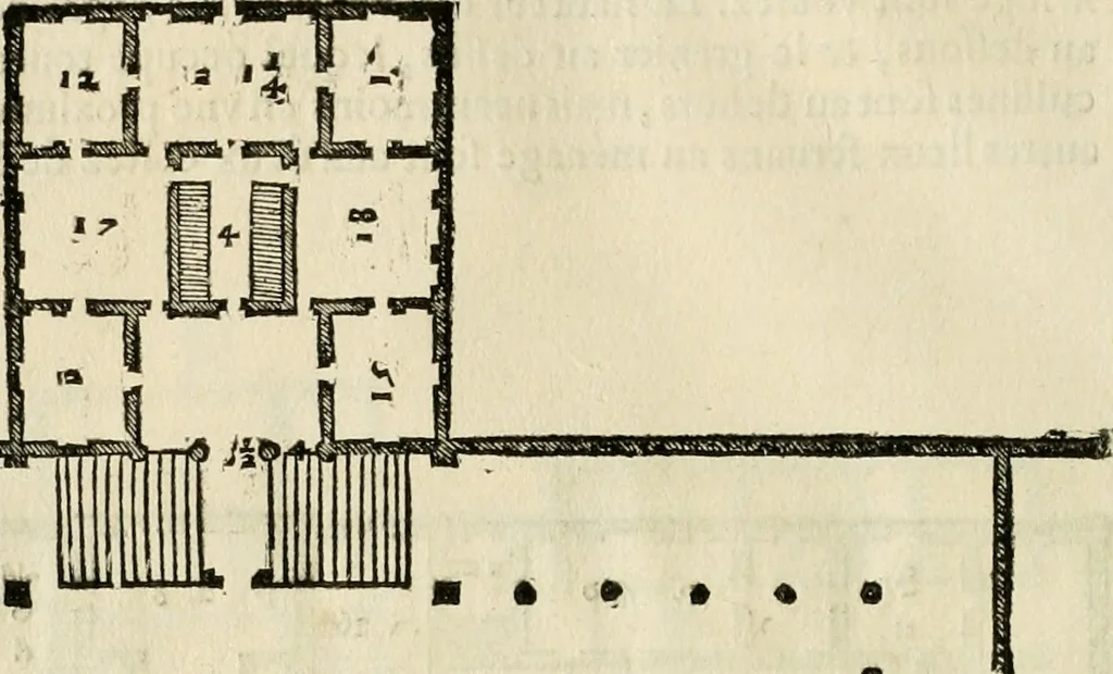 An illustration from Les quatre liures de l'architecture d'André Palladio : mis en françois : dans lesquels, après vn petit traitté des cinq ordres, auec quelques-vnes des plus necessaires obseruations pour bien bastir, il parle de la construction des maisons particulieres, des grands chemins, des ponts, des places publiques, des xystes, des basiliques, & des temples, 1650, leaf 133
