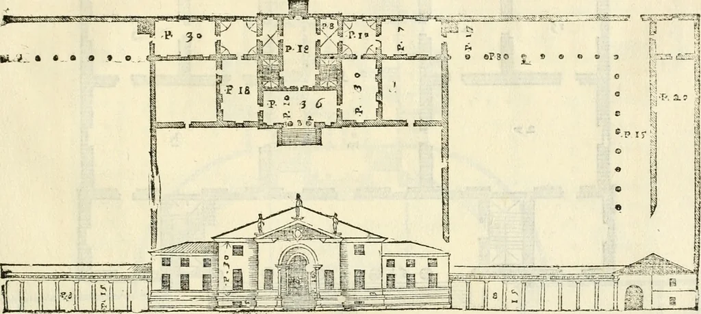 An illustration from Les quatre liures de l'architecture d'André Palladio : mis en françois : dans lesquels, après vn petit traitté des cinq ordres, auec quelques-vnes des plus necessaires obseruations pour bien bastir, il parle de la construction des maisons particulieres, des grands chemins, des ponts, des places publiques, des xystes, des basiliques, & des temples, 1650, leaf 134