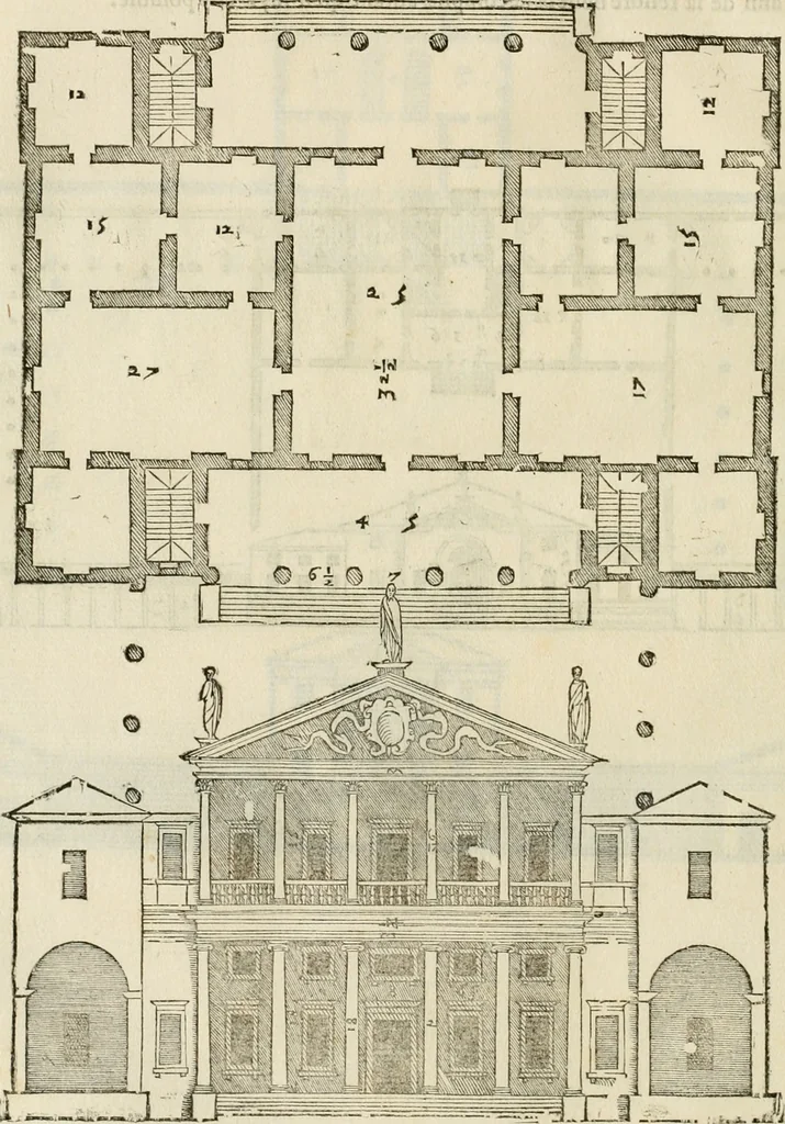 An illustration from Les quatre liures de l'architecture d'André Palladio : mis en françois : dans lesquels, après vn petit traitté des cinq ordres, auec quelques-vnes des plus necessaires obseruations pour bien bastir, il parle de la construction des maisons particulieres, des grands chemins, des ponts, des places publiques, des xystes, des basiliques, & des temples, 1650, leaf 135