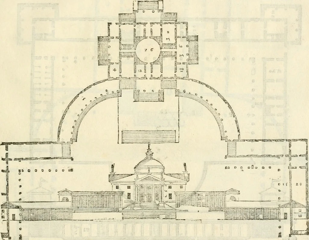 An illustration from Les quatre liures de l'architecture d'André Palladio : mis en françois : dans lesquels, après vn petit traitté des cinq ordres, auec quelques-vnes des plus necessaires obseruations pour bien bastir, il parle de la construction des maisons particulieres, des grands chemins, des ponts, des places publiques, des xystes, des basiliques, & des temples, 1650, leaf 136