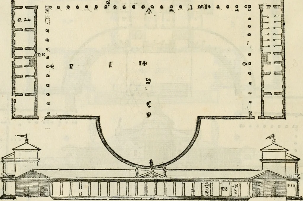 An illustration from Les quatre liures de l'architecture d'André Palladio : mis en françois : dans lesquels, après vn petit traitté des cinq ordres, auec quelques-vnes des plus necessaires obseruations pour bien bastir, il parle de la construction des maisons particulieres, des grands chemins, des ponts, des places publiques, des xystes, des basiliques, & des temples, 1650, leaf 137