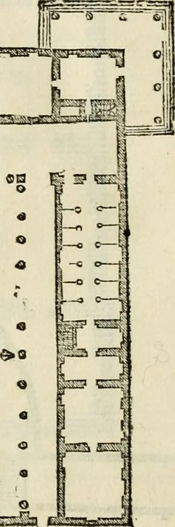 An illustration from Les quatre liures de l'architecture d'André Palladio : mis en françois : dans lesquels, après vn petit traitté des cinq ordres, auec quelques-vnes des plus necessaires obseruations pour bien bastir, il parle de la construction des maisons particulieres, des grands chemins, des ponts, des places publiques, des xystes, des basiliques, & des temples, 1650, leaf 137