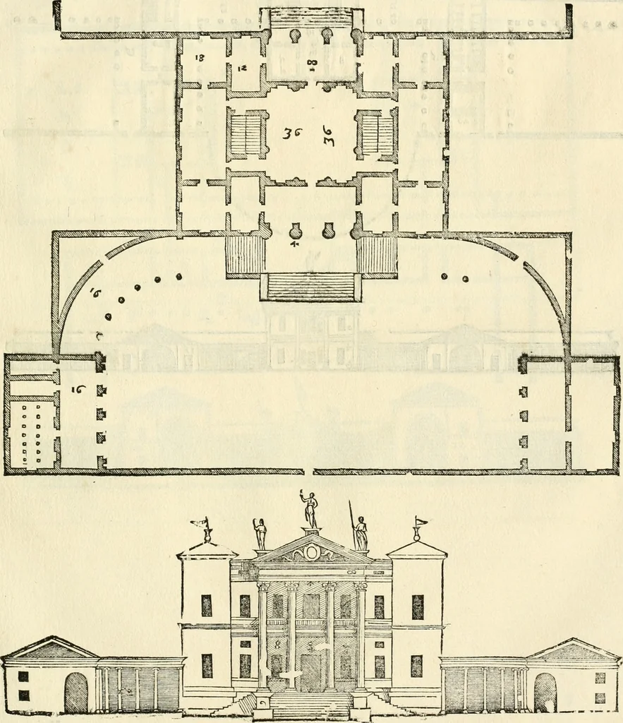 An illustration from Les quatre liures de l'architecture d'André Palladio : mis en françois : dans lesquels, après vn petit traitté des cinq ordres, auec quelques-vnes des plus necessaires obseruations pour bien bastir, il parle de la construction des maisons particulieres, des grands chemins, des ponts, des places publiques, des xystes, des basiliques, & des temples, 1650, leaf 138