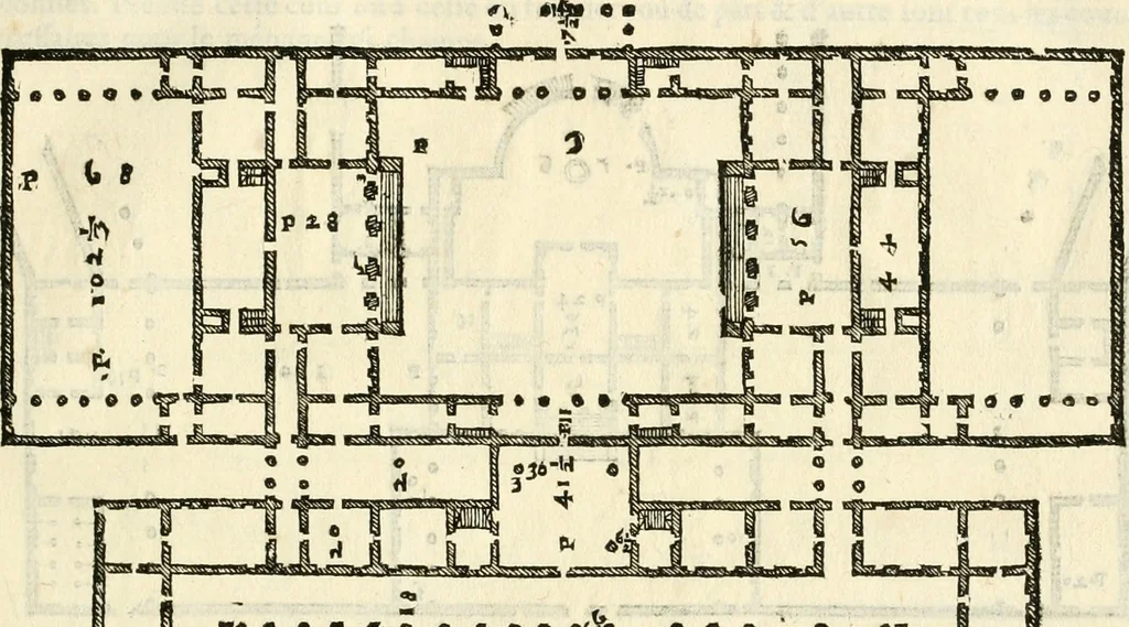 An illustration from Les quatre liures de l'architecture d'André Palladio : mis en françois : dans lesquels, après vn petit traitté des cinq ordres, auec quelques-vnes des plus necessaires obseruations pour bien bastir, il parle de la construction des maisons particulieres, des grands chemins, des ponts, des places publiques, des xystes, des basiliques, & des temples, 1650, leaf 140