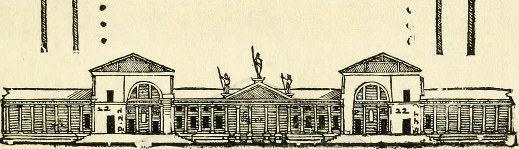 An illustration from Les quatre liures de l'architecture d'André Palladio : mis en françois : dans lesquels, après vn petit traitté des cinq ordres, auec quelques-vnes des plus necessaires obseruations pour bien bastir, il parle de la construction des maisons particulieres, des grands chemins, des ponts, des places publiques, des xystes, des basiliques, & des temples, 1650, leaf 140