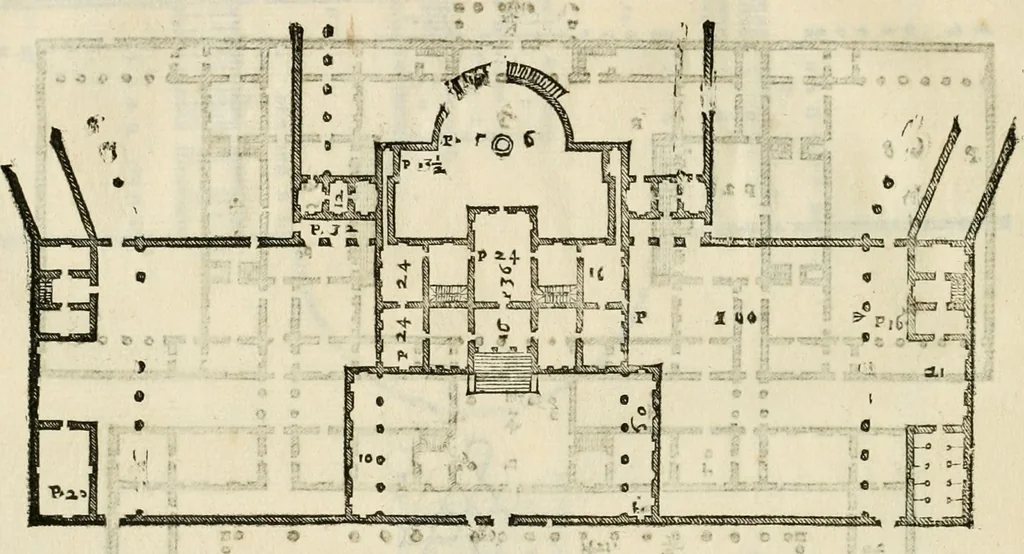 An illustration from Les quatre liures de l'architecture d'André Palladio : mis en françois : dans lesquels, après vn petit traitté des cinq ordres, auec quelques-vnes des plus necessaires obseruations pour bien bastir, il parle de la construction des maisons particulieres, des grands chemins, des ponts, des places publiques, des xystes, des basiliques, & des temples, 1650, leaf 141