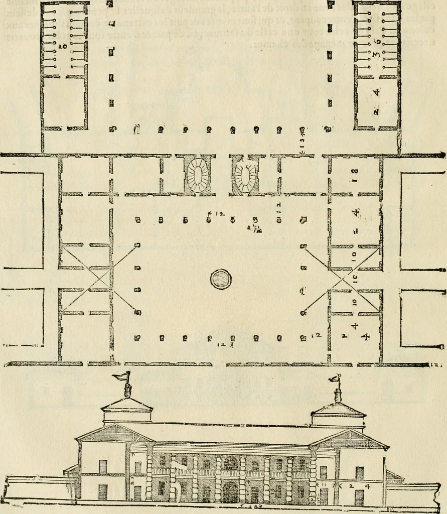 An illustration from Les quatre liures de l'architecture d'André Palladio : mis en françois : dans lesquels, après vn petit traitté des cinq ordres, auec quelques-vnes des plus necessaires obseruations pour bien bastir, il parle de la construction des maisons particulieres, des grands chemins, des ponts, des places publiques, des xystes, des basiliques, & des temples, 1650, leaf 143