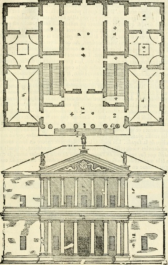 An illustration from Les quatre liures de l'architecture d'André Palladio : mis en françois : dans lesquels, après vn petit traitté des cinq ordres, auec quelques-vnes des plus necessaires obseruations pour bien bastir, il parle de la construction des maisons particulieres, des grands chemins, des ponts, des places publiques, des xystes, des basiliques, & des temples, 1650, leaf 144