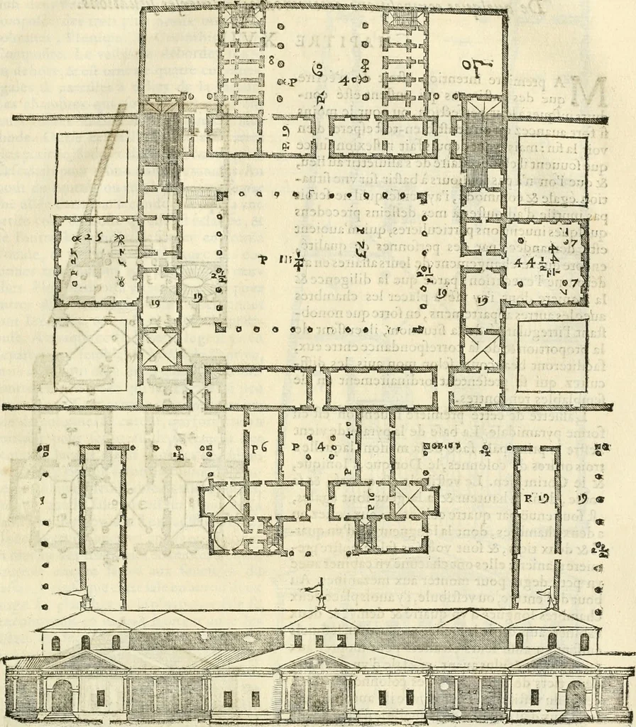 An illustration from Les quatre liures de l'architecture d'André Palladio : mis en françois : dans lesquels, après vn petit traitté des cinq ordres, auec quelques-vnes des plus necessaires obseruations pour bien bastir, il parle de la construction des maisons particulieres, des grands chemins, des ponts, des places publiques, des xystes, des basiliques, & des temples, 1650, leaf 146