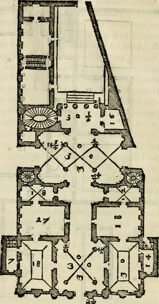 An illustration from Les quatre liures de l'architecture d'André Palladio : mis en françois : dans lesquels, après vn petit traitté des cinq ordres, auec quelques-vnes des plus necessaires obseruations pour bien bastir, il parle de la construction des maisons particulieres, des grands chemins, des ponts, des places publiques, des xystes, des basiliques, & des temples, 1650, leaf 147