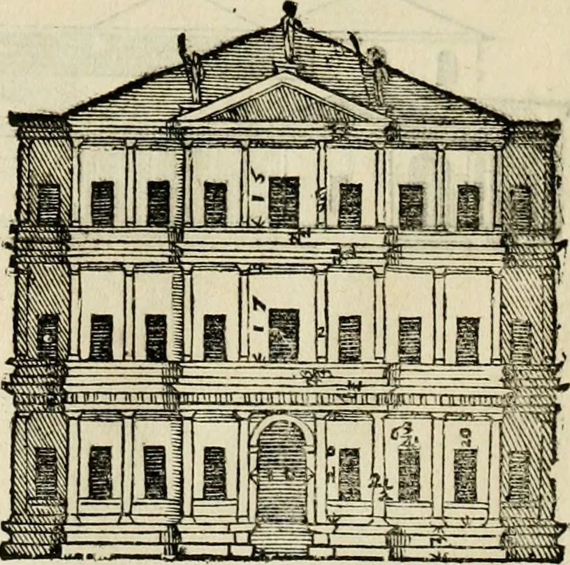 An illustration from Les quatre liures de l'architecture d'André Palladio : mis en françois : dans lesquels, après vn petit traitté des cinq ordres, auec quelques-vnes des plus necessaires obseruations pour bien bastir, il parle de la construction des maisons particulieres, des grands chemins, des ponts, des places publiques, des xystes, des basiliques, & des temples, 1650, leaf 147