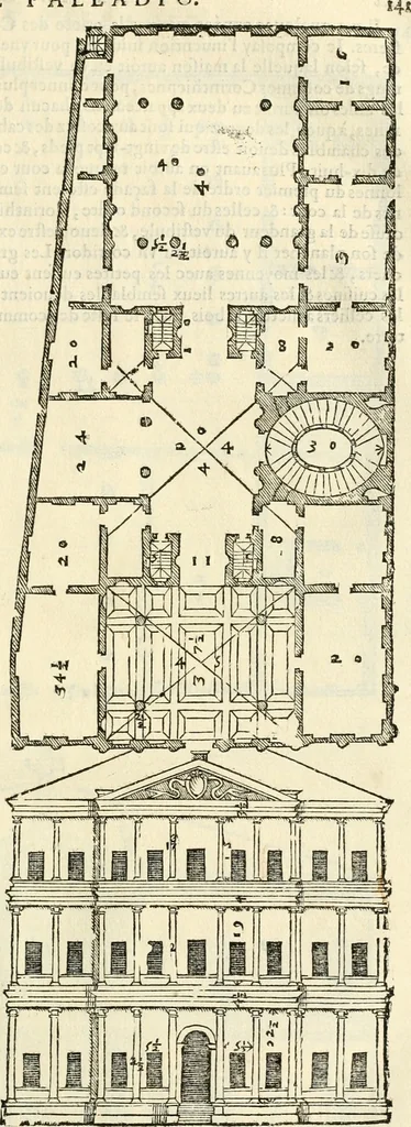 An illustration from Les quatre liures de l'architecture d'André Palladio : mis en françois : dans lesquels, après vn petit traitté des cinq ordres, auec quelques-vnes des plus necessaires obseruations pour bien bastir, il parle de la construction des maisons particulieres, des grands chemins, des ponts, des places publiques, des xystes, des basiliques, & des temples, 1650, leaf 148