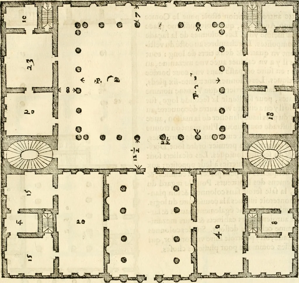 An illustration from Les quatre liures de l'architecture d'André Palladio : mis en françois : dans lesquels, après vn petit traitté des cinq ordres, auec quelques-vnes des plus necessaires obseruations pour bien bastir, il parle de la construction des maisons particulieres, des grands chemins, des ponts, des places publiques, des xystes, des basiliques, & des temples, 1650, leaf 150