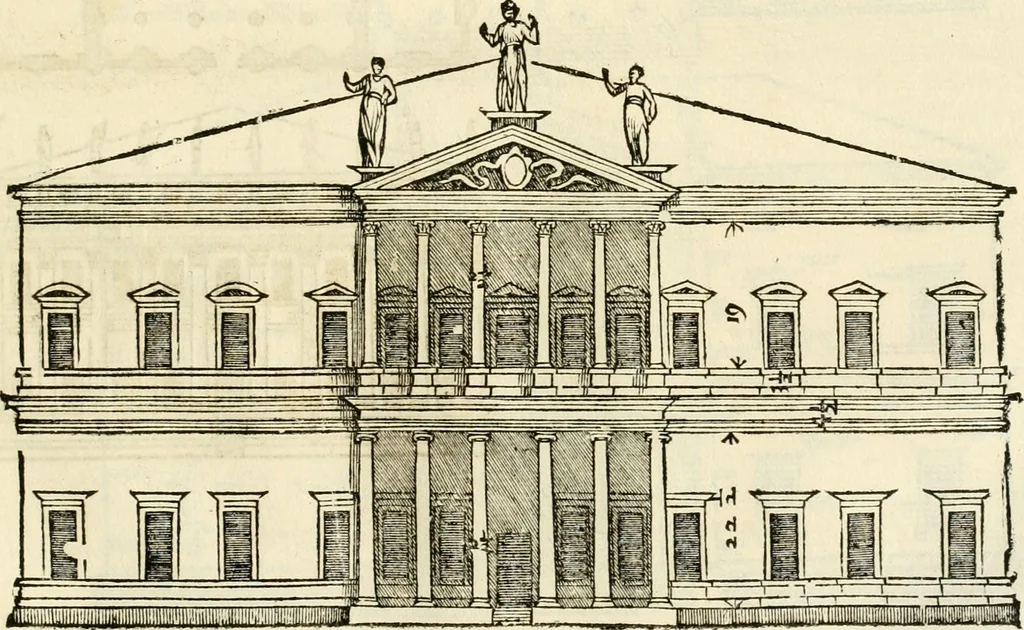 An illustration from Les quatre liures de l'architecture d'André Palladio : mis en françois : dans lesquels, après vn petit traitté des cinq ordres, auec quelques-vnes des plus necessaires obseruations pour bien bastir, il parle de la construction des maisons particulieres, des grands chemins, des ponts, des places publiques, des xystes, des basiliques, & des temples, 1650, leaf 150