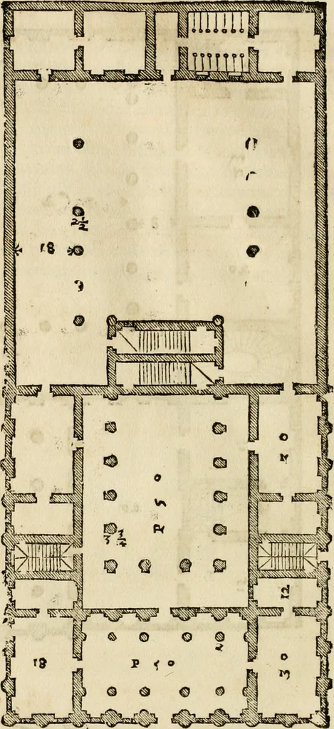 An illustration from Les quatre liures de l'architecture d'André Palladio : mis en françois : dans lesquels, après vn petit traitté des cinq ordres, auec quelques-vnes des plus necessaires obseruations pour bien bastir, il parle de la construction des maisons particulieres, des grands chemins, des ponts, des places publiques, des xystes, des basiliques, & des temples, 1650, leaf 151