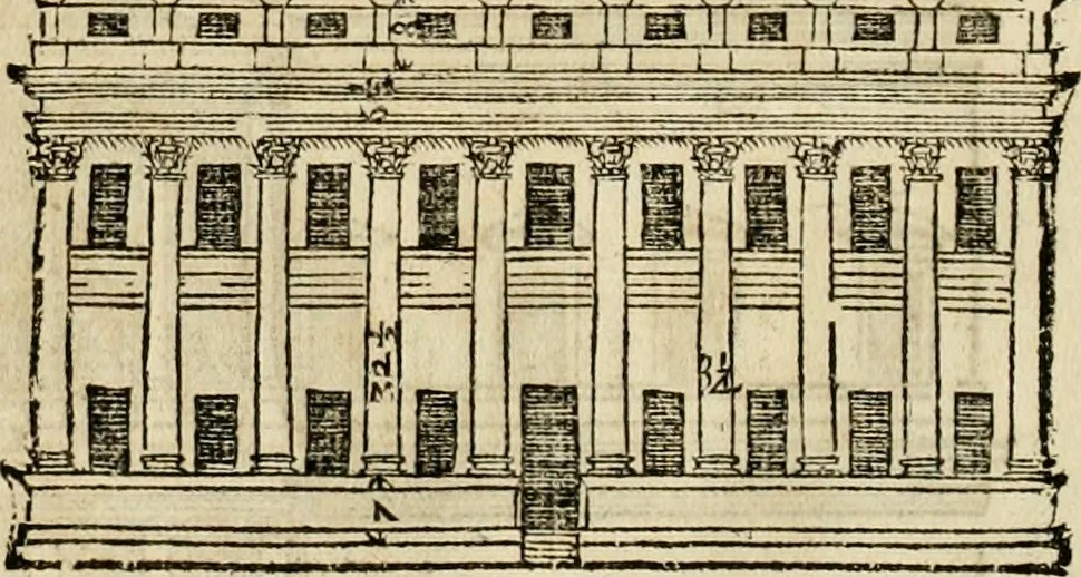 An illustration from Les quatre liures de l'architecture d'André Palladio : mis en françois : dans lesquels, après vn petit traitté des cinq ordres, auec quelques-vnes des plus necessaires obseruations pour bien bastir, il parle de la construction des maisons particulieres, des grands chemins, des ponts, des places publiques, des xystes, des basiliques, & des temples, 1650, leaf 151
