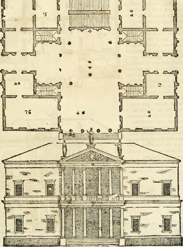 An illustration from Les quatre liures de l'architecture d'André Palladio : mis en françois : dans lesquels, après vn petit traitté des cinq ordres, auec quelques-vnes des plus necessaires obseruations pour bien bastir, il parle de la construction des maisons particulieres, des grands chemins, des ponts, des places publiques, des xystes, des basiliques, & des temples, 1650, leaf 152