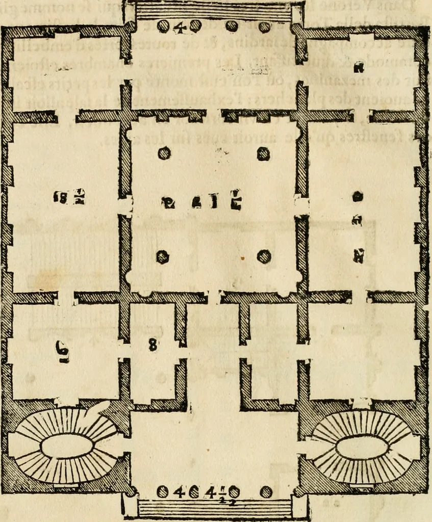 An illustration from Les quatre liures de l'architecture d'André Palladio : mis en françois : dans lesquels, après vn petit traitté des cinq ordres, auec quelques-vnes des plus necessaires obseruations pour bien bastir, il parle de la construction des maisons particulieres, des grands chemins, des ponts, des places publiques, des xystes, des basiliques, & des temples, 1650, leaf 153