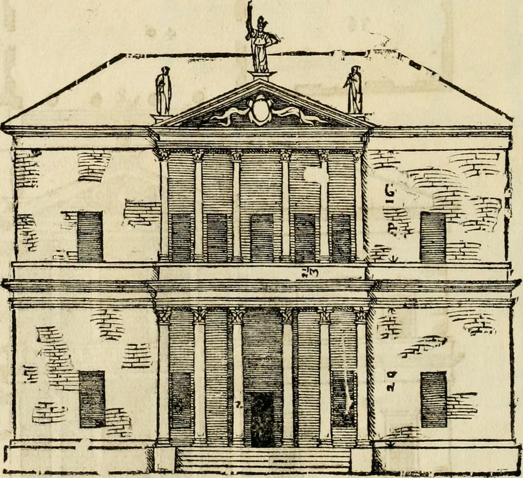 An illustration from Les quatre liures de l'architecture d'André Palladio : mis en françois : dans lesquels, après vn petit traitté des cinq ordres, auec quelques-vnes des plus necessaires obseruations pour bien bastir, il parle de la construction des maisons particulieres, des grands chemins, des ponts, des places publiques, des xystes, des basiliques, & des temples, 1650, leaf 153