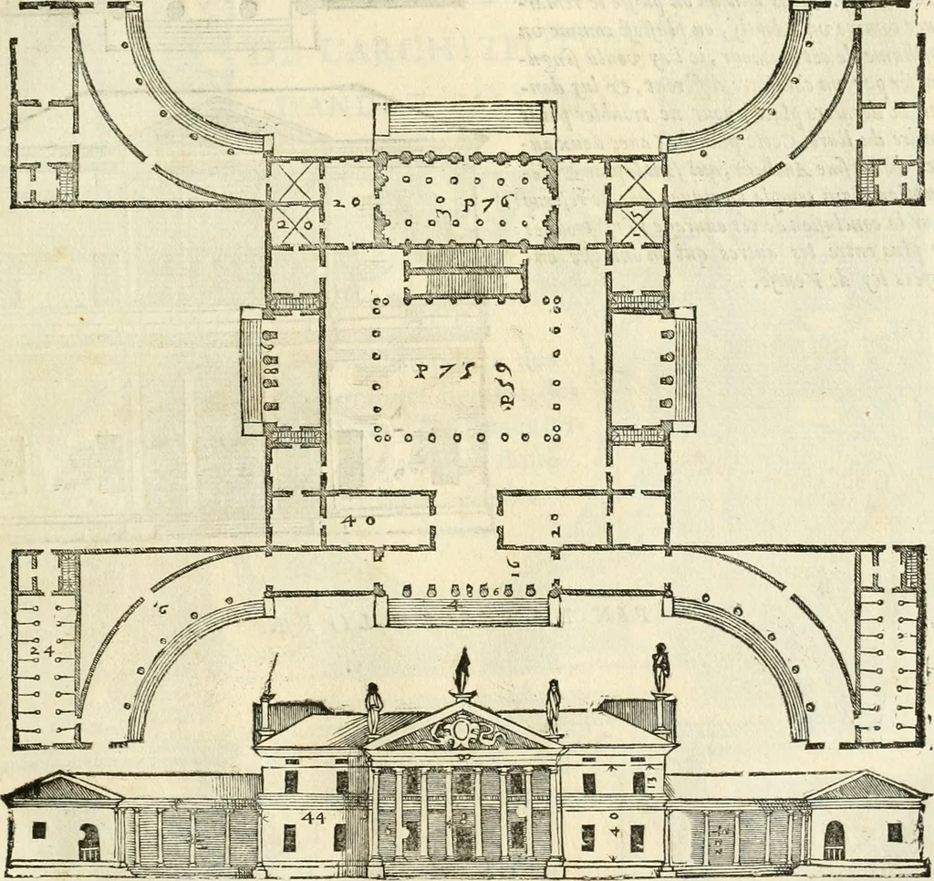 An illustration from Les quatre liures de l'architecture d'André Palladio : mis en françois : dans lesquels, après vn petit traitté des cinq ordres, auec quelques-vnes des plus necessaires obseruations pour bien bastir, il parle de la construction des maisons particulieres, des grands chemins, des ponts, des places publiques, des xystes, des basiliques, & des temples, 1650, leaf 154