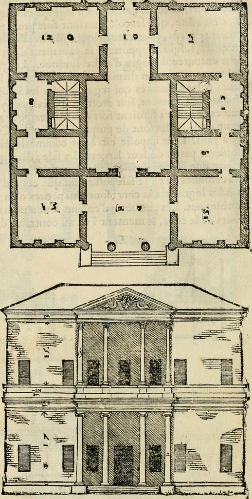 An illustration from Les quatre liures de l'architecture d'André Palladio : mis en françois : dans lesquels, après vn petit traitté des cinq ordres, auec quelques-vnes des plus necessaires obseruations pour bien bastir, il parle de la construction des maisons particulieres, des grands chemins, des ponts, des places publiques, des xystes, des basiliques, & des temples, 1650, leaf 155