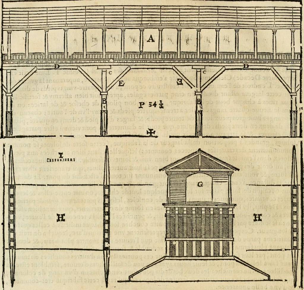 An illustration from Les quatre liures de l'architecture d'André Palladio : mis en françois : dans lesquels, après vn petit traitté des cinq ordres, auec quelques-vnes des plus necessaires obseruations pour bien bastir, il parle de la construction des maisons particulieres, des grands chemins, des ponts, des places publiques, des xystes, des basiliques, & des temples, 1650, leaf 173