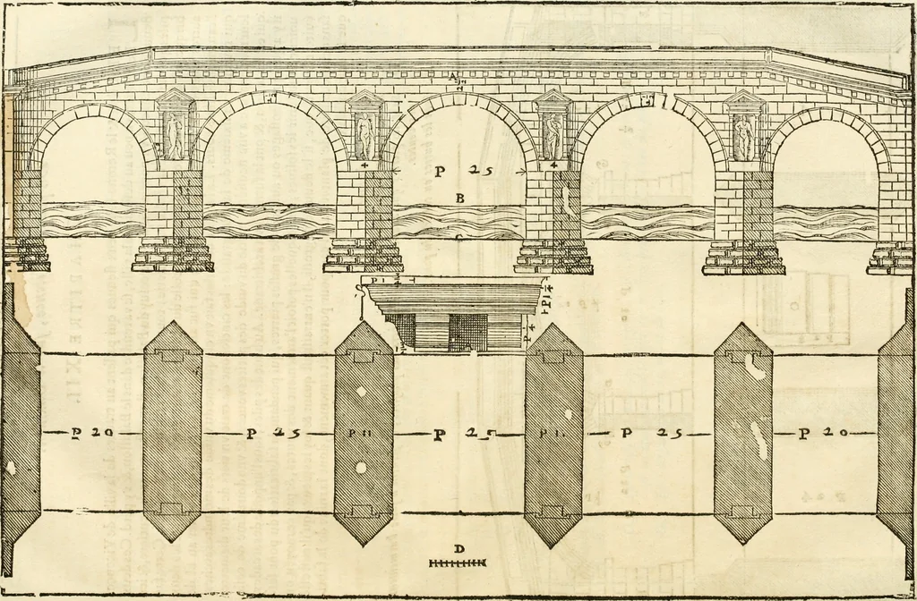 An illustration from Les quatre liures de l'architecture d'André Palladio : mis en françois : dans lesquels, après vn petit traitté des cinq ordres, auec quelques-vnes des plus necessaires obseruations pour bien bastir, il parle de la construction des maisons particulieres, des grands chemins, des ponts, des places publiques, des xystes, des basiliques, & des temples, 1650, leaf 176