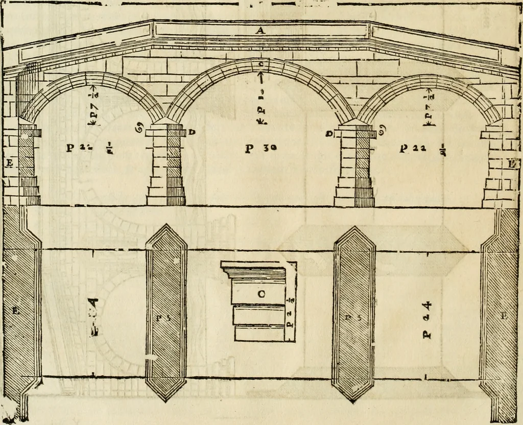 An illustration from Les quatre liures de l'architecture d'André Palladio : mis en françois : dans lesquels, après vn petit traitté des cinq ordres, auec quelques-vnes des plus necessaires obseruations pour bien bastir, il parle de la construction des maisons particulieres, des grands chemins, des ponts, des places publiques, des xystes, des basiliques, & des temples, 1650, leaf 177