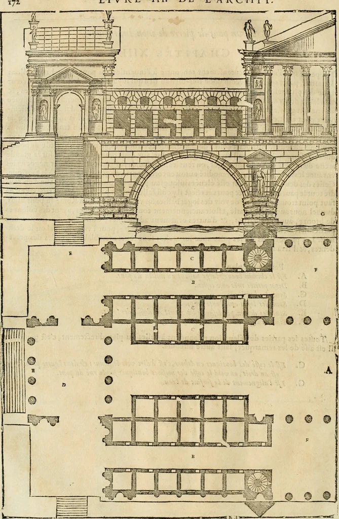 An illustration from Les quatre liures de l'architecture d'André Palladio : mis en françois : dans lesquels, après vn petit traitté des cinq ordres, auec quelques-vnes des plus necessaires obseruations pour bien bastir, il parle de la construction des maisons particulieres, des grands chemins, des ponts, des places publiques, des xystes, des basiliques, & des temples, 1650, leaf 179