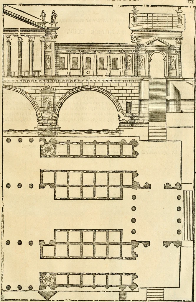 An illustration from Les quatre liures de l'architecture d'André Palladio : mis en françois : dans lesquels, après vn petit traitté des cinq ordres, auec quelques-vnes des plus necessaires obseruations pour bien bastir, il parle de la construction des maisons particulieres, des grands chemins, des ponts, des places publiques, des xystes, des basiliques, & des temples, 1650, leaf 180