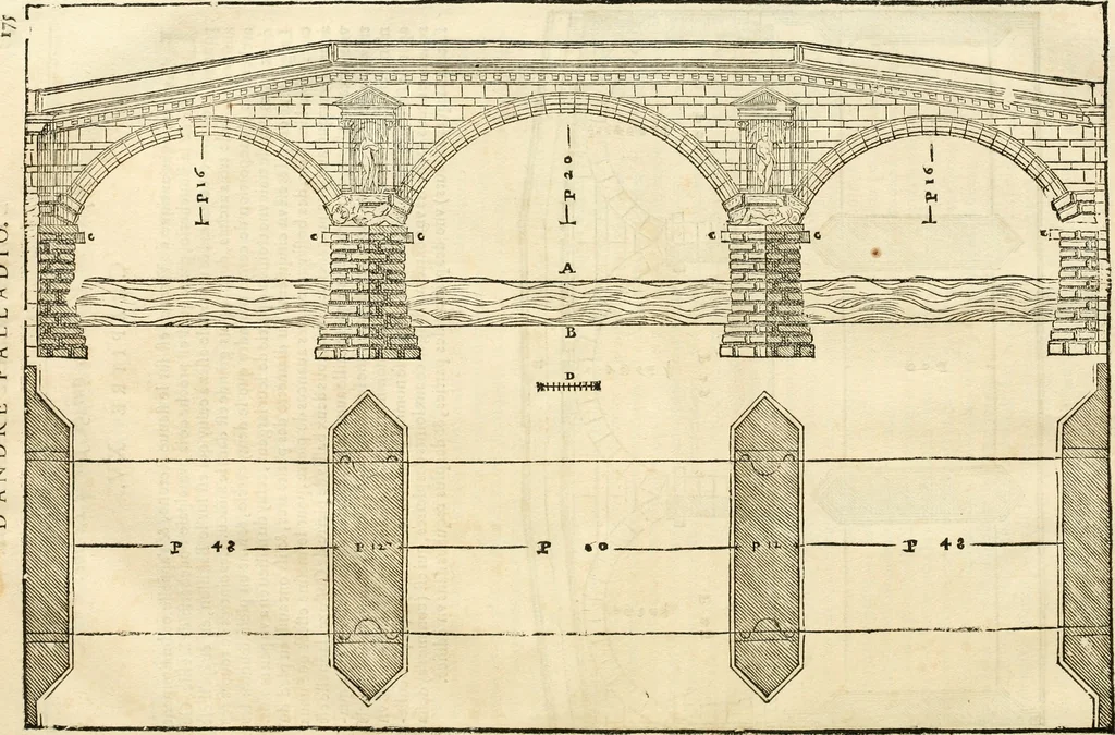 An illustration from Les quatre liures de l'architecture d'André Palladio : mis en françois : dans lesquels, après vn petit traitté des cinq ordres, auec quelques-vnes des plus necessaires obseruations pour bien bastir, il parle de la construction des maisons particulieres, des grands chemins, des ponts, des places publiques, des xystes, des basiliques, & des temples, 1650, leaf 182