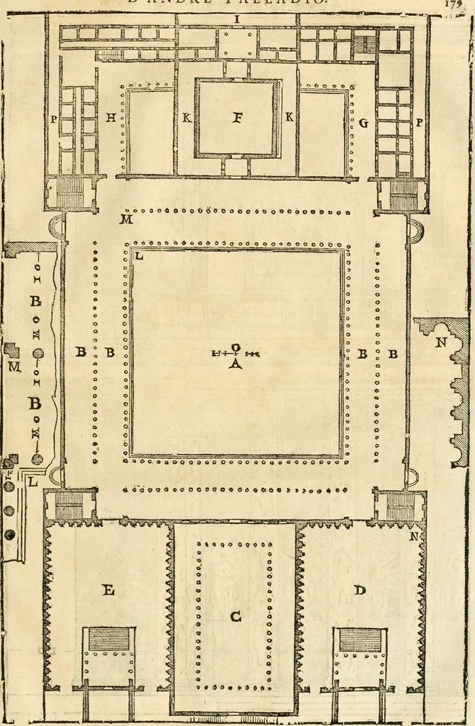An illustration from Les quatre liures de l'architecture d'André Palladio : mis en françois : dans lesquels, après vn petit traitté des cinq ordres, auec quelques-vnes des plus necessaires obseruations pour bien bastir, il parle de la construction des maisons particulieres, des grands chemins, des ponts, des places publiques, des xystes, des basiliques, & des temples, 1650, leaf 186