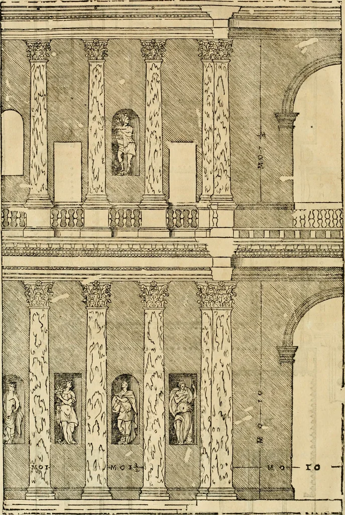 An illustration from Les quatre liures de l'architecture d'André Palladio : mis en françois : dans lesquels, après vn petit traitté des cinq ordres, auec quelques-vnes des plus necessaires obseruations pour bien bastir, il parle de la construction des maisons particulieres, des grands chemins, des ponts, des places publiques, des xystes, des basiliques, & des temples, 1650, leaf 187