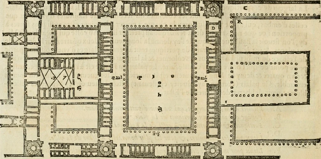 An illustration from Les quatre liures de l'architecture d'André Palladio : mis en françois : dans lesquels, après vn petit traitté des cinq ordres, auec quelques-vnes des plus necessaires obseruations pour bien bastir, il parle de la construction des maisons particulieres, des grands chemins, des ponts, des places publiques, des xystes, des basiliques, & des temples, 1650, leaf 189