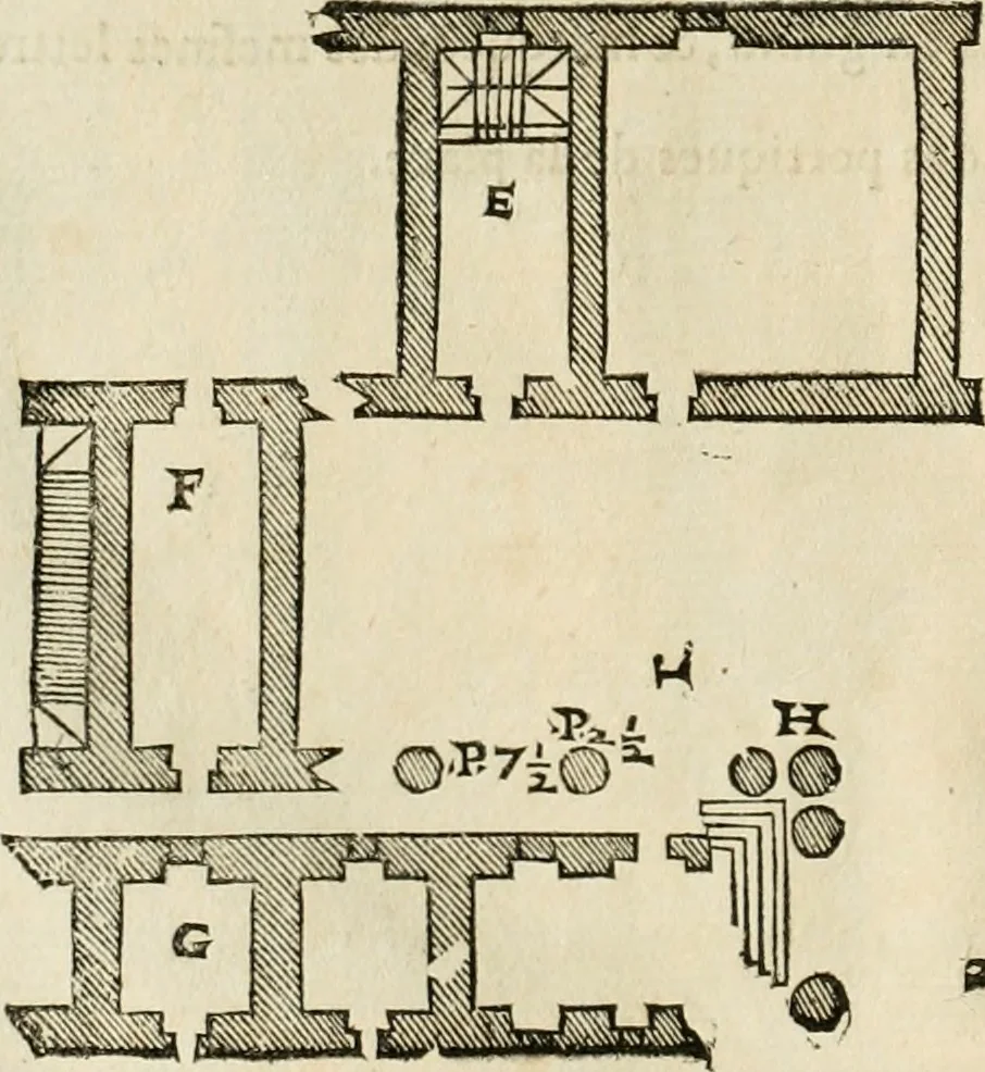An illustration from Les quatre liures de l'architecture d'André Palladio : mis en françois : dans lesquels, après vn petit traitté des cinq ordres, auec quelques-vnes des plus necessaires obseruations pour bien bastir, il parle de la construction des maisons particulieres, des grands chemins, des ponts, des places publiques, des xystes, des basiliques, & des temples, 1650, leaf 189