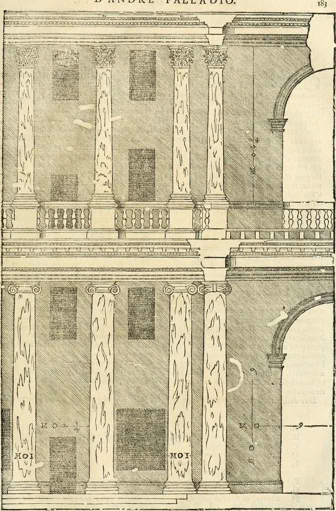 An illustration from Les quatre liures de l'architecture d'André Palladio : mis en françois : dans lesquels, après vn petit traitté des cinq ordres, auec quelques-vnes des plus necessaires obseruations pour bien bastir, il parle de la construction des maisons particulieres, des grands chemins, des ponts, des places publiques, des xystes, des basiliques, & des temples, 1650, leaf 190