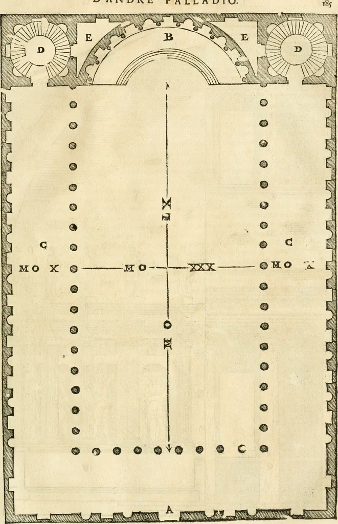 An illustration from Les quatre liures de l'architecture d'André Palladio : mis en françois : dans lesquels, après vn petit traitté des cinq ordres, auec quelques-vnes des plus necessaires obseruations pour bien bastir, il parle de la construction des maisons particulieres, des grands chemins, des ponts, des places publiques, des xystes, des basiliques, & des temples, 1650, leaf 192