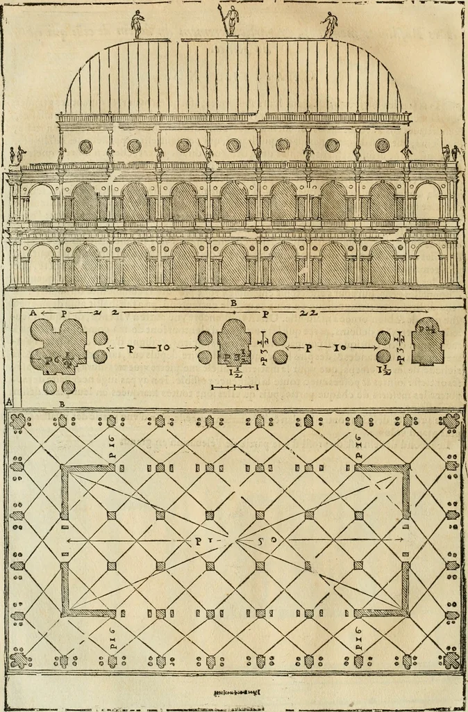 An illustration from Les quatre liures de l'architecture d'André Palladio : mis en françois : dans lesquels, après vn petit traitté des cinq ordres, auec quelques-vnes des plus necessaires obseruations pour bien bastir, il parle de la construction des maisons particulieres, des grands chemins, des ponts, des places publiques, des xystes, des basiliques, & des temples, 1650, leaf 195