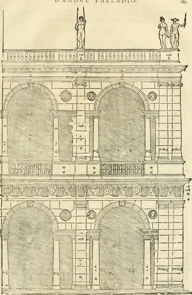 An illustration from Les quatre liures de l'architecture d'André Palladio : mis en françois : dans lesquels, après vn petit traitté des cinq ordres, auec quelques-vnes des plus necessaires obseruations pour bien bastir, il parle de la construction des maisons particulieres, des grands chemins, des ponts, des places publiques, des xystes, des basiliques, & des temples, 1650, leaf 196