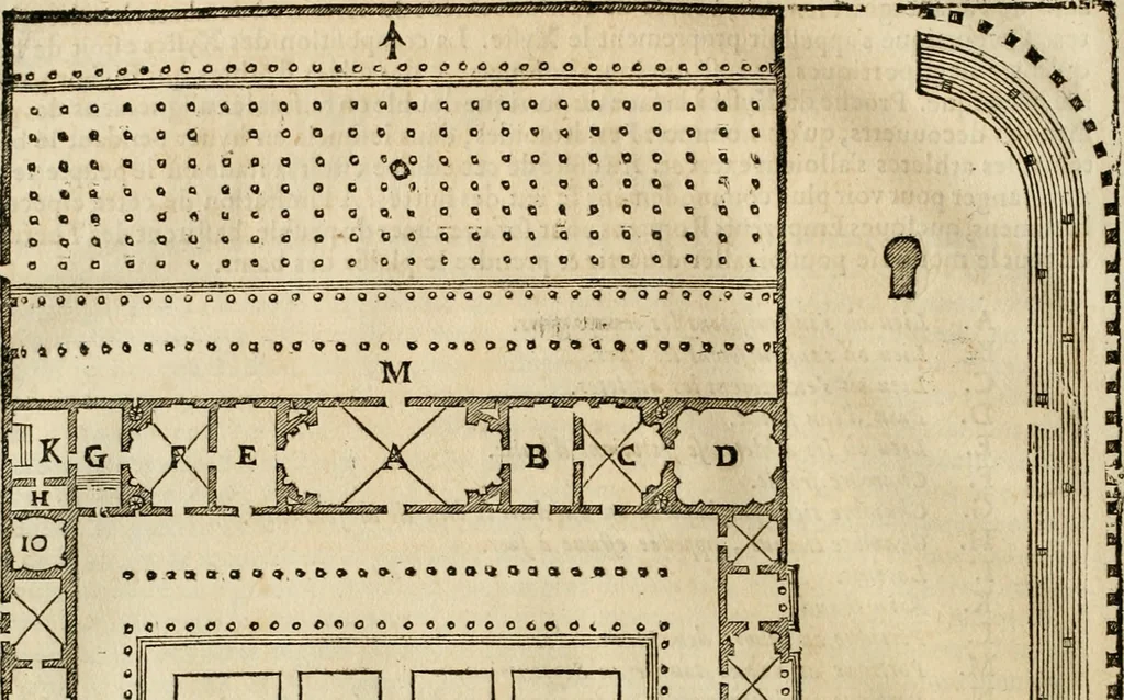 An illustration from Les quatre liures de l'architecture d'André Palladio : mis en françois : dans lesquels, après vn petit traitté des cinq ordres, auec quelques-vnes des plus necessaires obseruations pour bien bastir, il parle de la construction des maisons particulieres, des grands chemins, des ponts, des places publiques, des xystes, des basiliques, & des temples, 1650, leaf 199