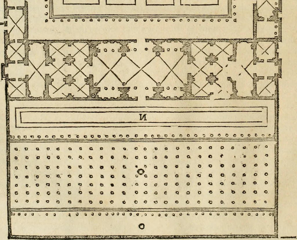 An illustration from Les quatre liures de l'architecture d'André Palladio : mis en françois : dans lesquels, après vn petit traitté des cinq ordres, auec quelques-vnes des plus necessaires obseruations pour bien bastir, il parle de la construction des maisons particulieres, des grands chemins, des ponts, des places publiques, des xystes, des basiliques, & des temples, 1650, leaf 199